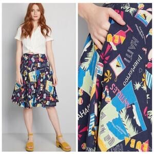 ModCloth Just This Sway A Line Skirt Small Navy Travel Vacation Island Print